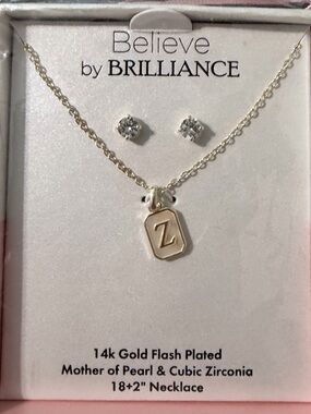 NWT Believe by Brilliance Women's Mother of Pearl Initial Z Necklace & Stud Set
